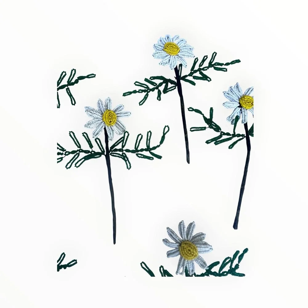 Vintage French Beaded Daisy Flowers 10 Stems Seed Bead Handmade Floral Decor